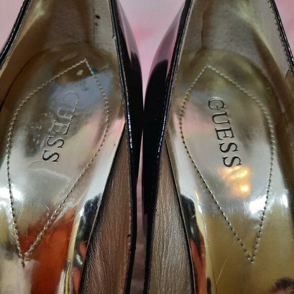 Guess Black Patent Leather Pumps US Size 9 High Heels Gold Chain Detail shoes - Picture 6 of 11